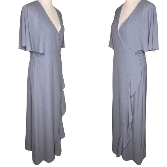 Halston Dusty Blue V Neck Ruffle Split Maxi Wrap Dress Gown Size L Short Sleeve - Picture 5 of 13